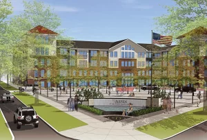 Entrance to the Aspen Apartments at Melford Town Center in Bowie, Maryland